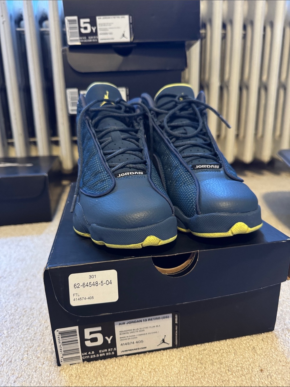 Jordan Navy and Yellow Air Jordan 13 Youth Sneakers